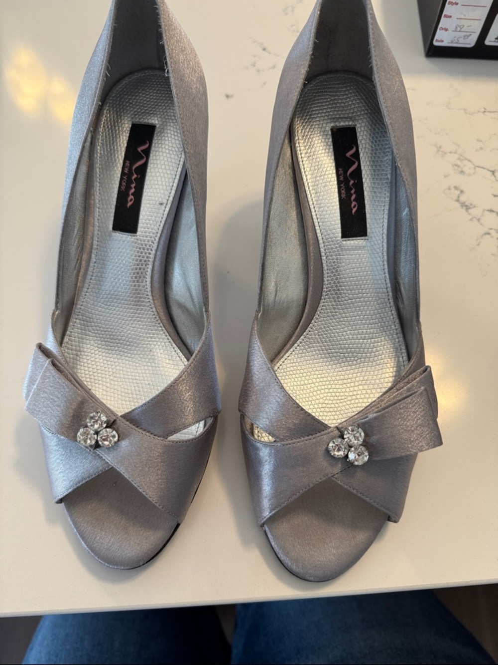Nina Silver Satin Peep-Toe Heels with Crystal Bow Accent